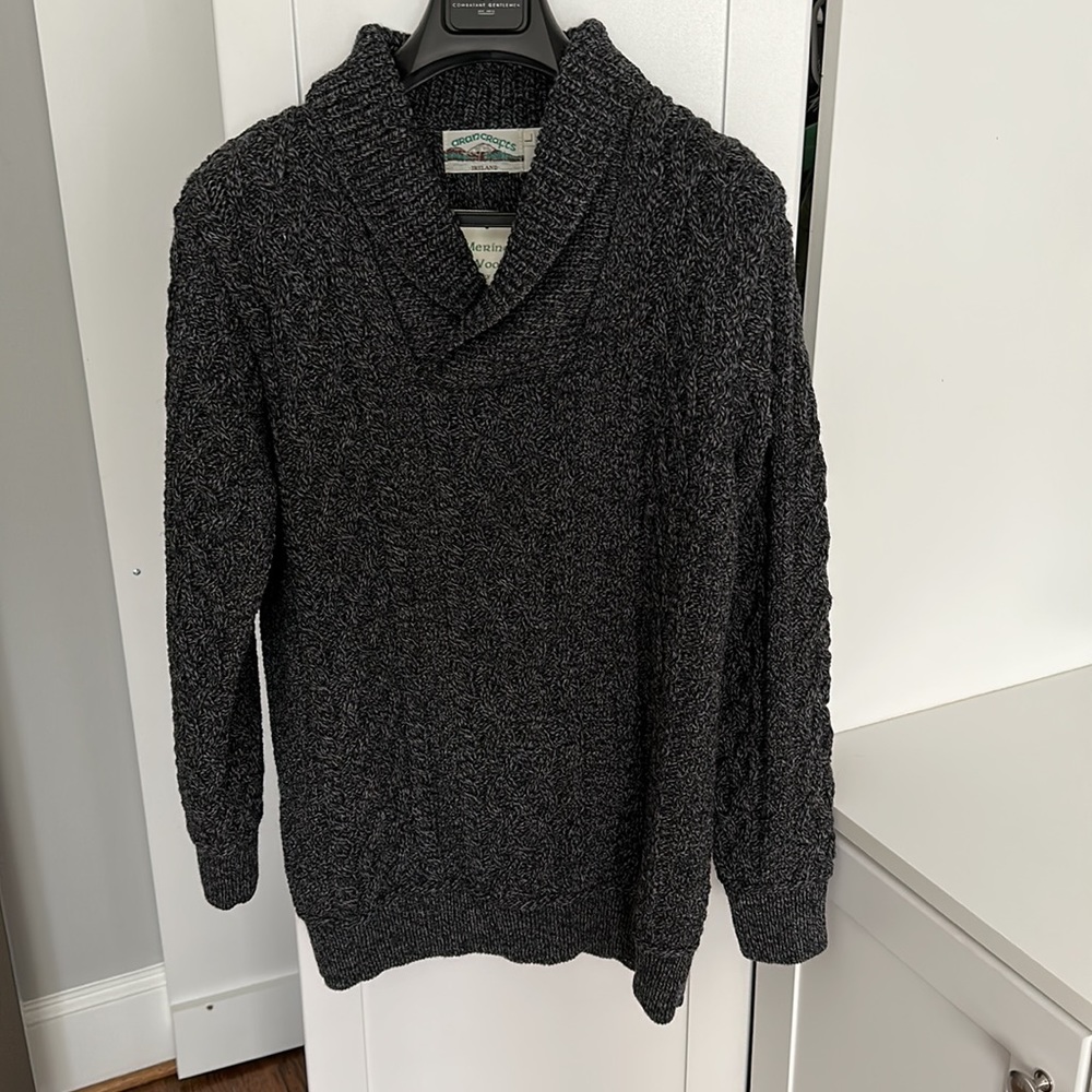 NWT Aran Crafts Shawl Collar Sweater in Charcoal Marl
